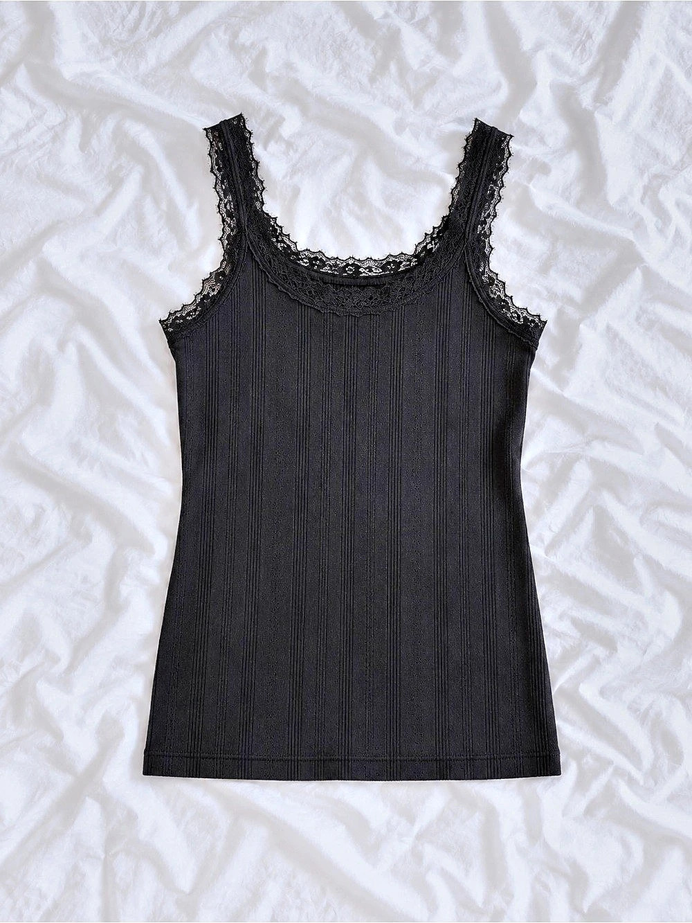 aerie Ribbed Lace Trim Tank Top in Black